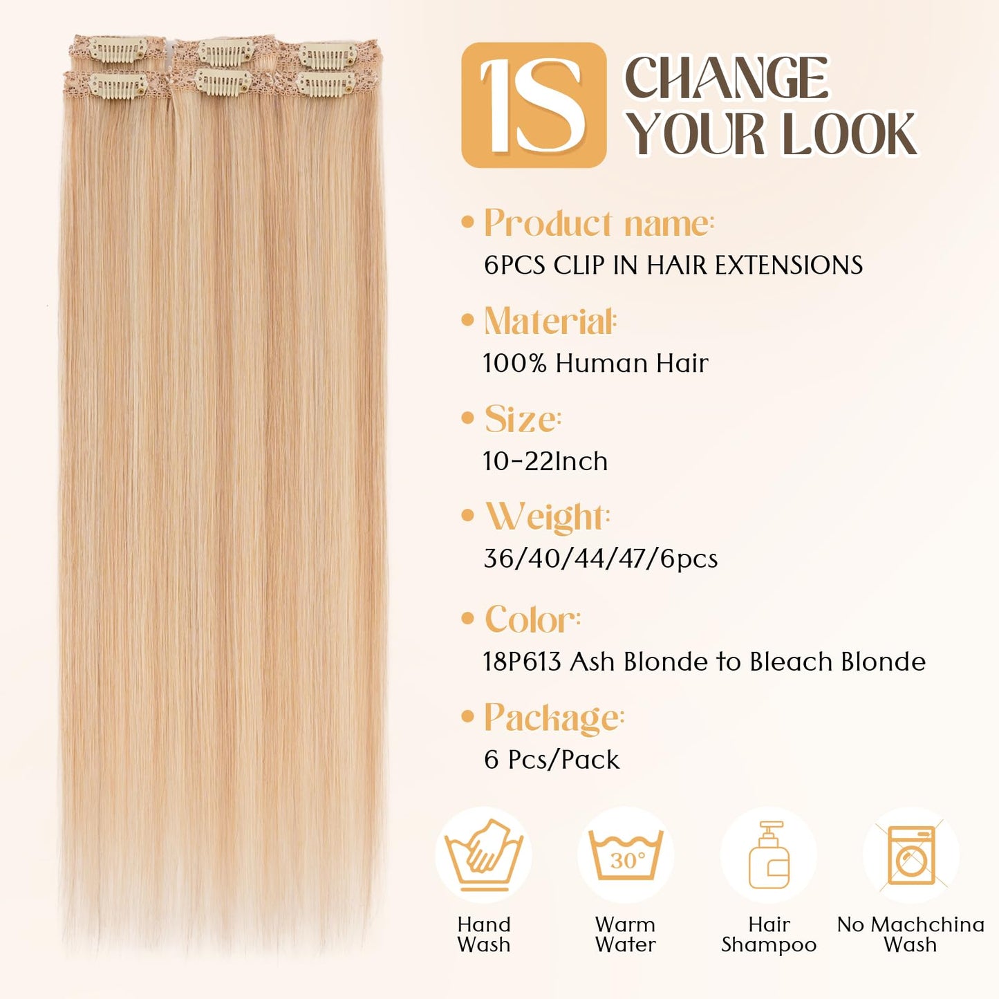 S-noilite 6Pcs Clip in Human Hair Extensions,Remy Single Clip in Hair Extensions 6Pcs 6clips Straight Ash Blonde/Bleach Blonde Seamless Hairpieces for Women 18Inch 44g