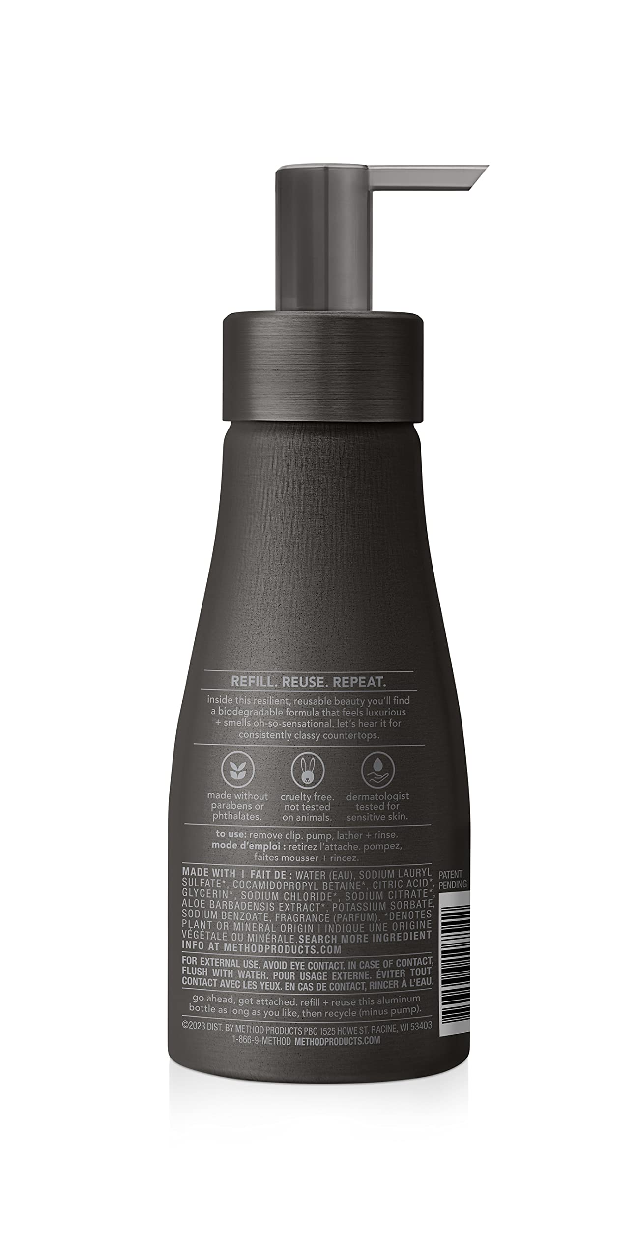 Method Premium Foaming Hand Wash, Vetiver + Amber, Reusable Black Aluminum Bottle, 10 fl oz (Pack of 3)