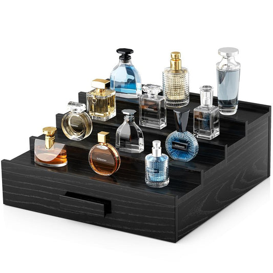 Hrbjunuo Solid Walnut Cologne Organizer for Men, 4 Tier Cologne Stand, Wooden Cologne Holder Display Shelf with Drawer Storage and Hidden Compartment, Black Perfume Stand Organizer, Gifts for Men