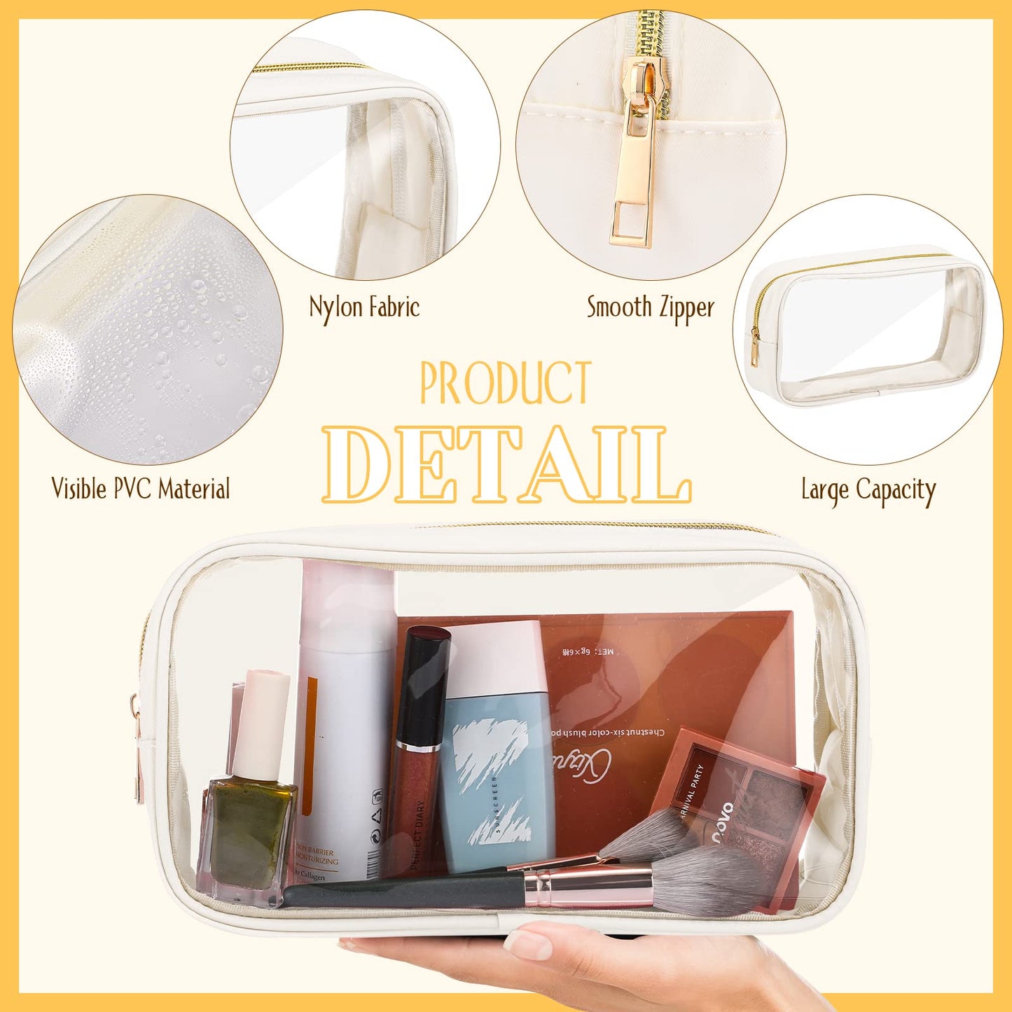 Cunno 9 Pcs Preppy Clear Makeup Bag DIY Chenille Letter Pouch Large Nylon Makeup Bag Travel Toiletry Zipper Cosmetic Organizer Pouch PVC Bags for Women, 9.5 x 5.1 x 2.8 Inch(Cream White)