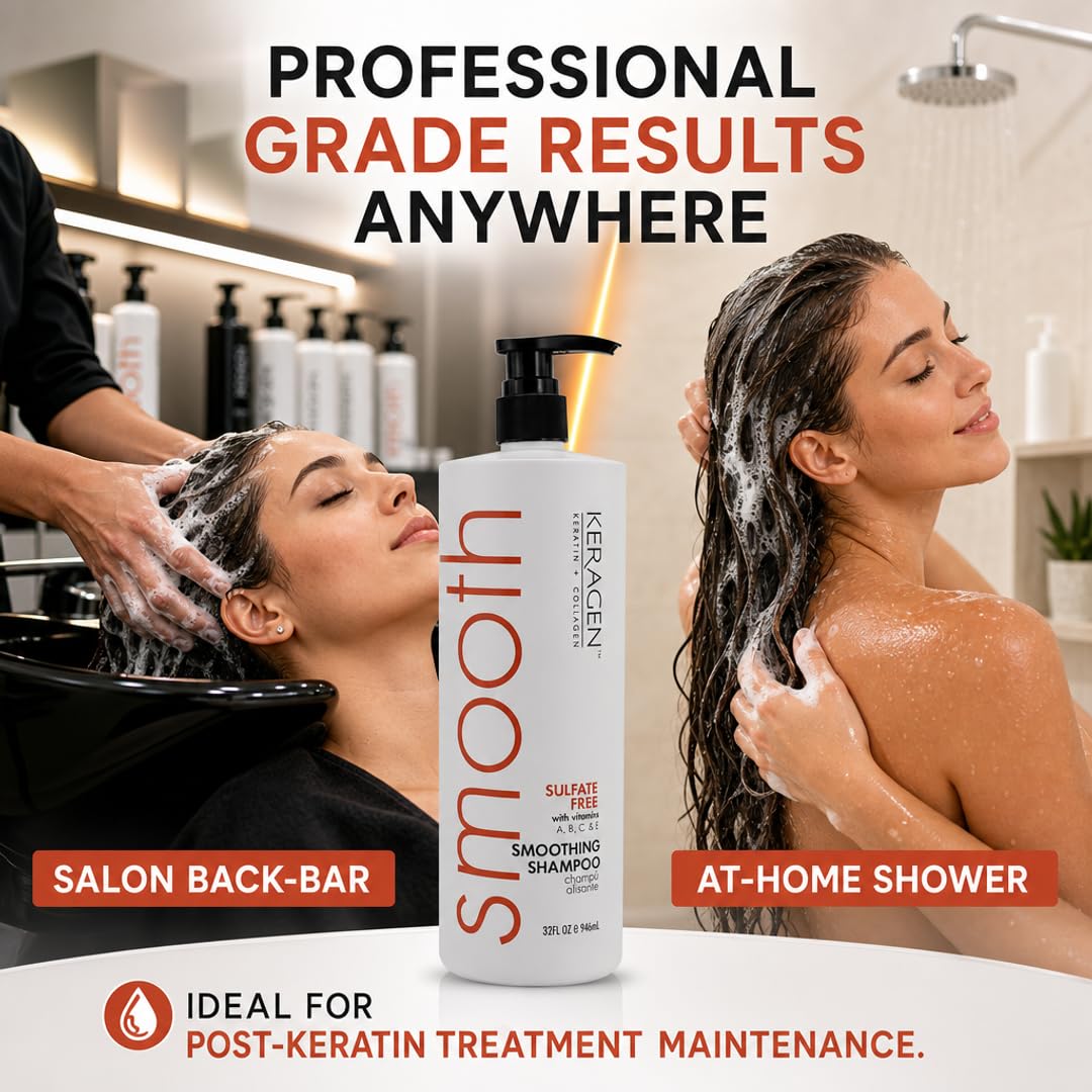 KERAGEN Smoothing Keratin Shampoo - Sulfate-Free, Paraben-Free Cleanser for Color-Treated Hair | 32 oz | Frizz Control & Cuticle Repair