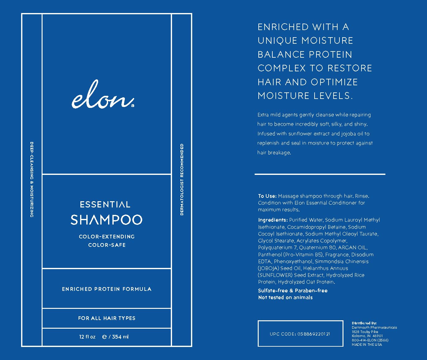 Elon Essential Shampoo for Damaged Hair — For Dry Hair, Color-Safe & Color-Extending Hair Repair & Hydrating Shampoo — Sulfate Free & Paraben Free (12 Fl Oz)