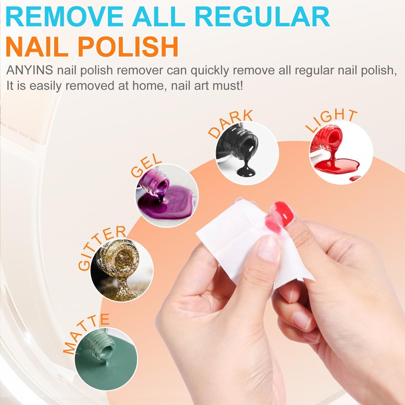ANYINS Nail Polish Remover Pads，100PCS Nail Polish Remover Wipes Non-Toxic Fast Remove with Nutrition Oil Individually Wrapped Professional Nail Salon and Home & Travel Use