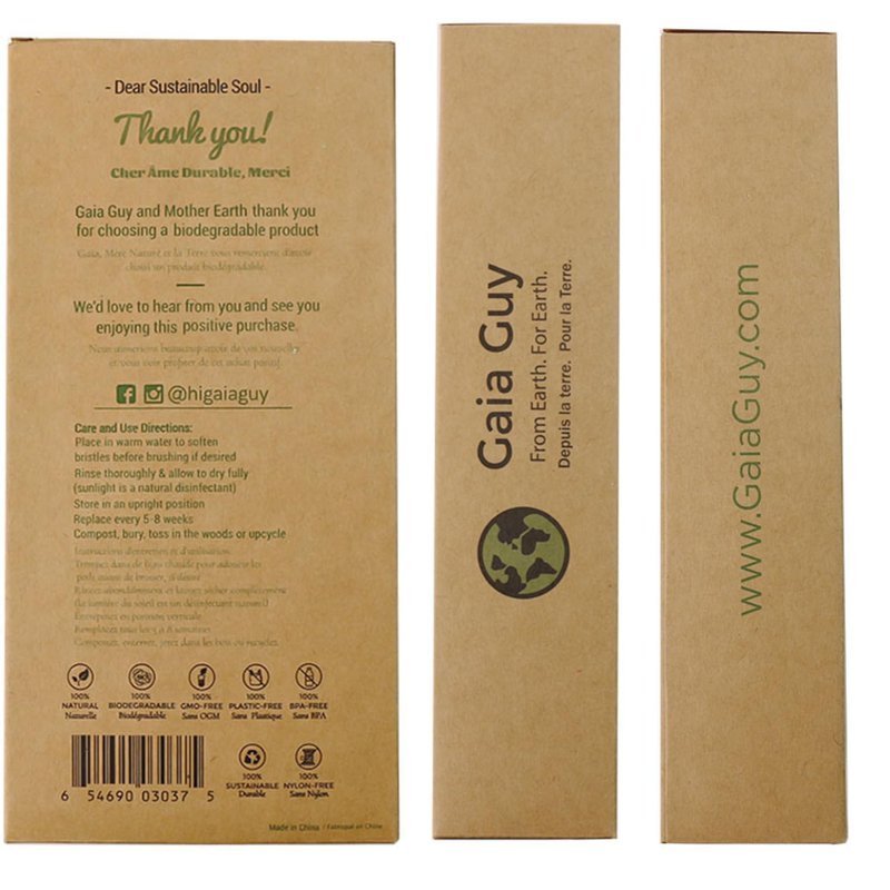Gaia Guy Natural Bristle Bamboo Toothbrush with Boar Bristles - Totally Biodegradable and Compostable - No Nylon Toothbrushes - Zero Waste 12-Pack