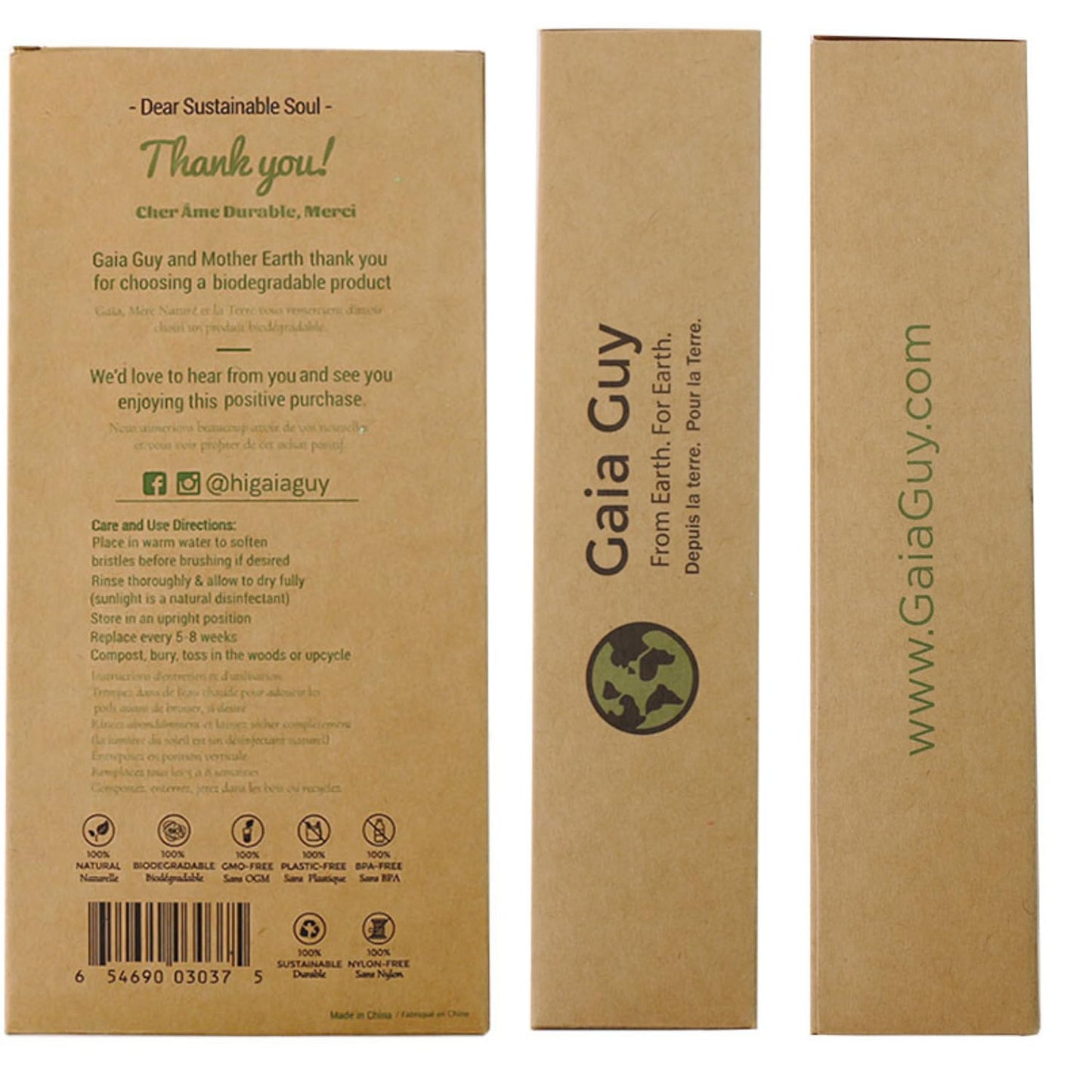 Gaia Guy Natural Bristle Bamboo Toothbrush with Boar Bristles - Totally Biodegradable and Compostable - No Nylon Toothbrushes - Zero Waste 12-Pack