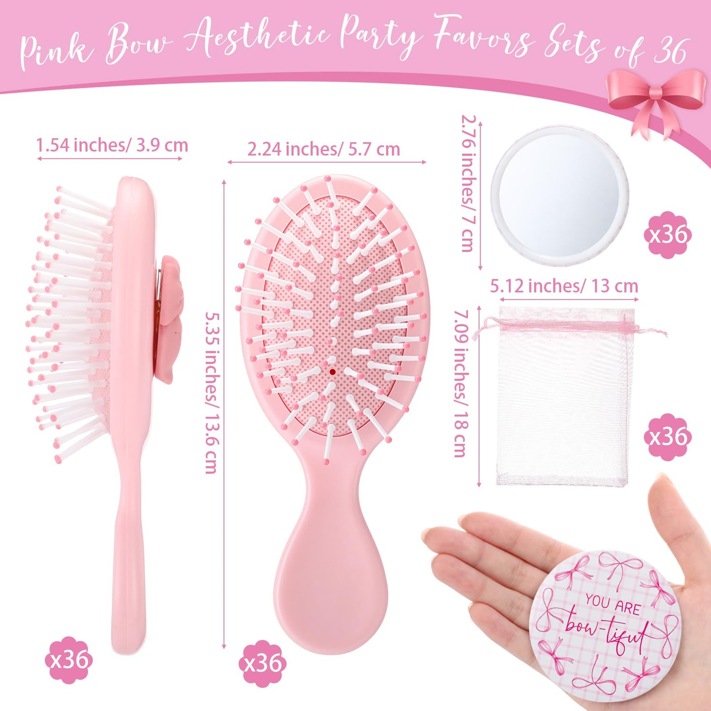 Wonderjune 12 Set Pink Bow Party Favors Women Coquette Compact Mirrors with Mini Hair Brush Organza Bag Inspirational Coquette Aesthetic Preppy Gifts for Sleepover Birthday Bow Themed Party Favors