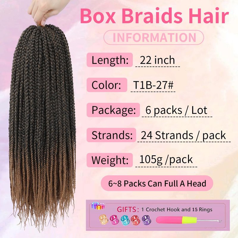 Crochet Box Braids 6 Packs 144 Strands 22 Inch Goddess Box Braids Crochet Hair Pre looped Crochet Hair Crochet Braids for Black Women Braiding Hair (1B)