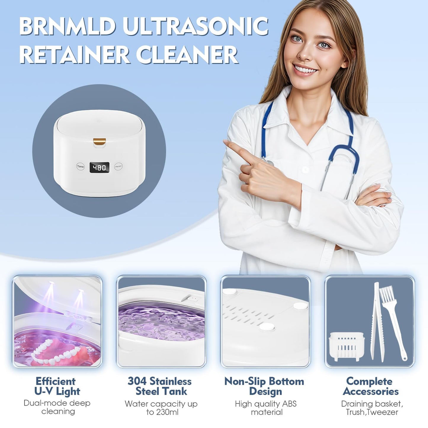 BRNMLD Ultrasonic Retainer Cleaner, 45kHz Sonic Retainer Cleaner Machine Dental Cleaning Pod for Dentures, Mouth Guards, Braces, Toothbrush Heads, Jewelry, 5 Modes for All Dental Appliances (White)