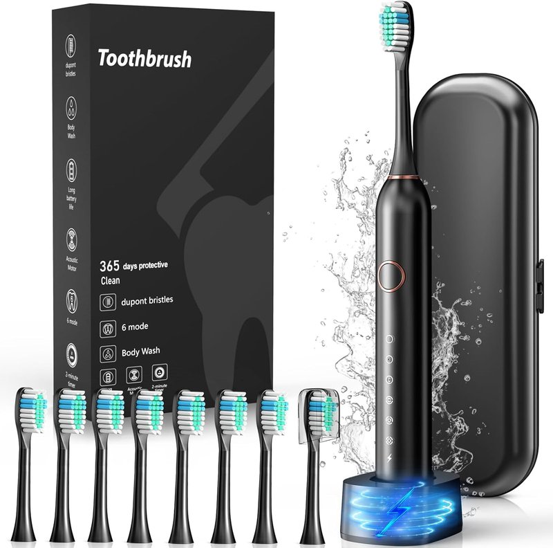 Sonic Electric Toothbrush for Adults & Teens - 8 Brush Heads, IPX7 Waterproof, 6 Modes | Black