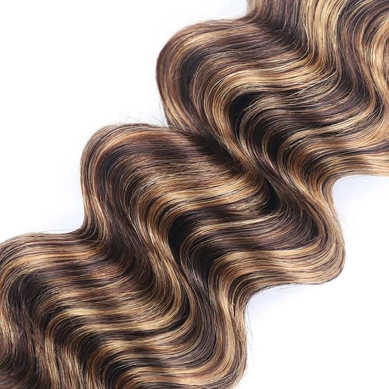 Brown Human Hair Bundles P427 Highlight Honey Blonde Deep Wave 3 Bundles Human Hair 14 16 18 Inch Double Weft Grade 12A Unprocessed Virgin Remy Hair 2 Tone #4 Mixed With Color 27 50g Per Bundle