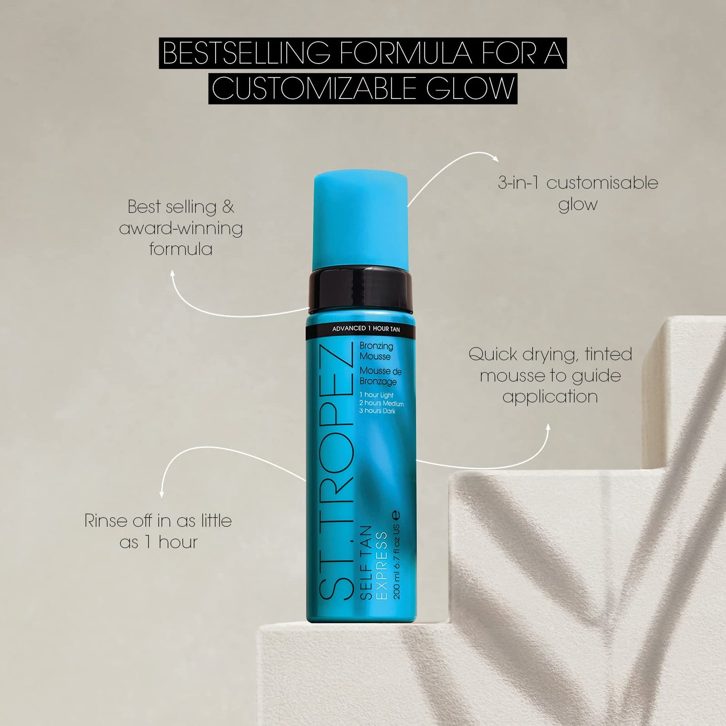 St.Tropez Light/Medium/Dark 1-3 hr Express Mousse for a Streak-Free, Natural Sunless Tan with Fast Application and Flawless Results, Cruelty-Free & Vegan, 6.7 fl oz