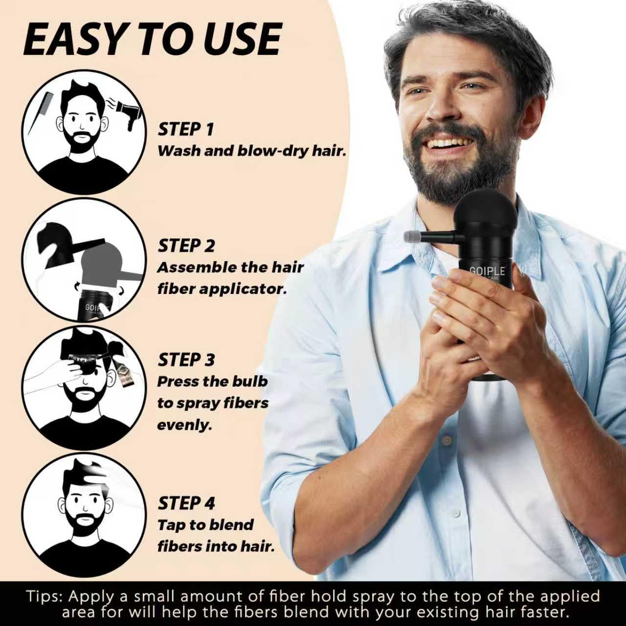 Hair Thickening Fibers & Pump Applicator Set Professional 3-in-1 Hair & Beard Styling Set - Hair Fibers Barber Enhancement Spray for Mens Hair or Beard - Hairline Enhancer & Volumizing Spray (Black)