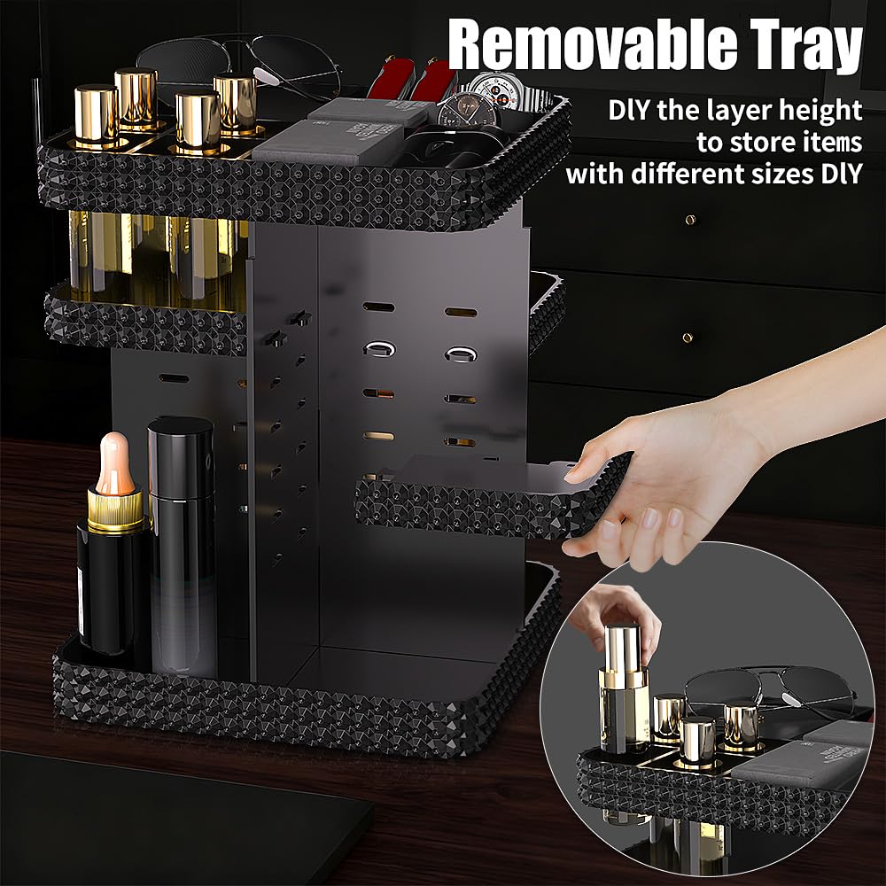 Famitree 360° Rotating Makeup Organizer, Organizador De Perfumes Large Capacity Cosmetics Storage Vanity Shelf Countertop, Fits Cosmetics, Perfume, Skin Care, Lipsticks (Black)