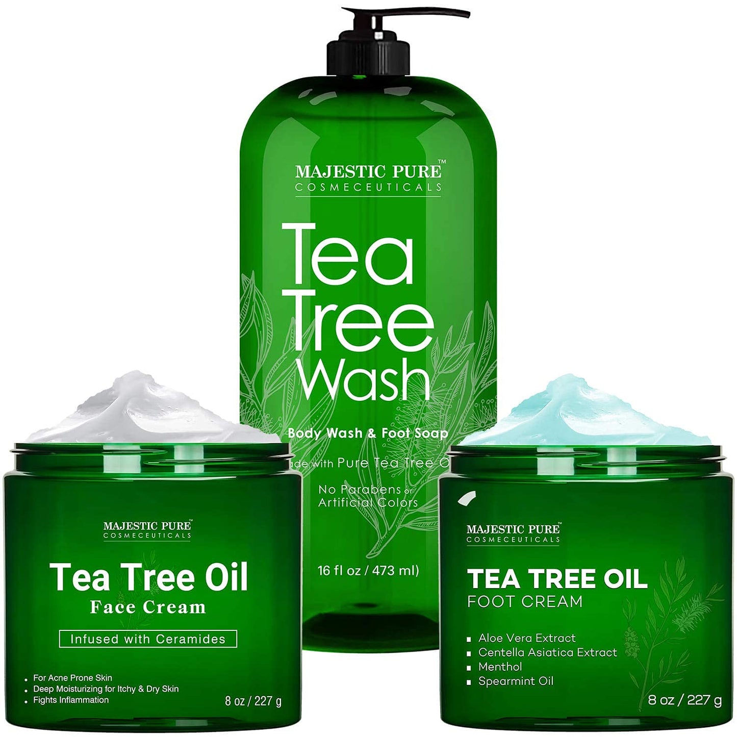 MAJESTIC PURE Tea Tree Body Wash, Tea Tree Foot Cream, & Tree Tea Face Cream Bundle