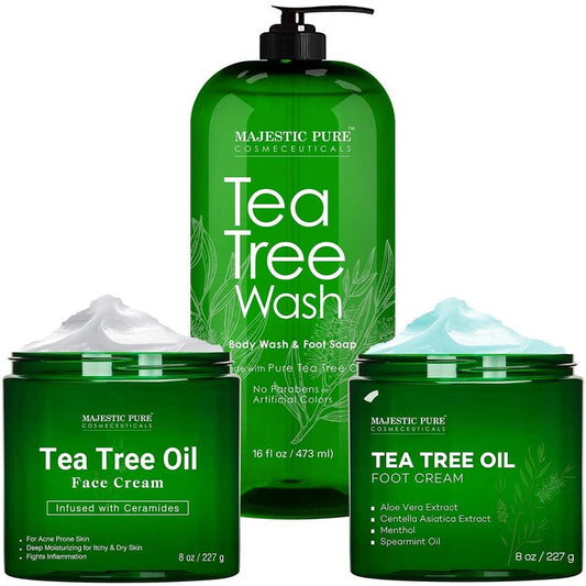 MAJESTIC PURE Tea Tree Body Wash, Tea Tree Foot Cream, & Tree Tea Face Cream Bundle
