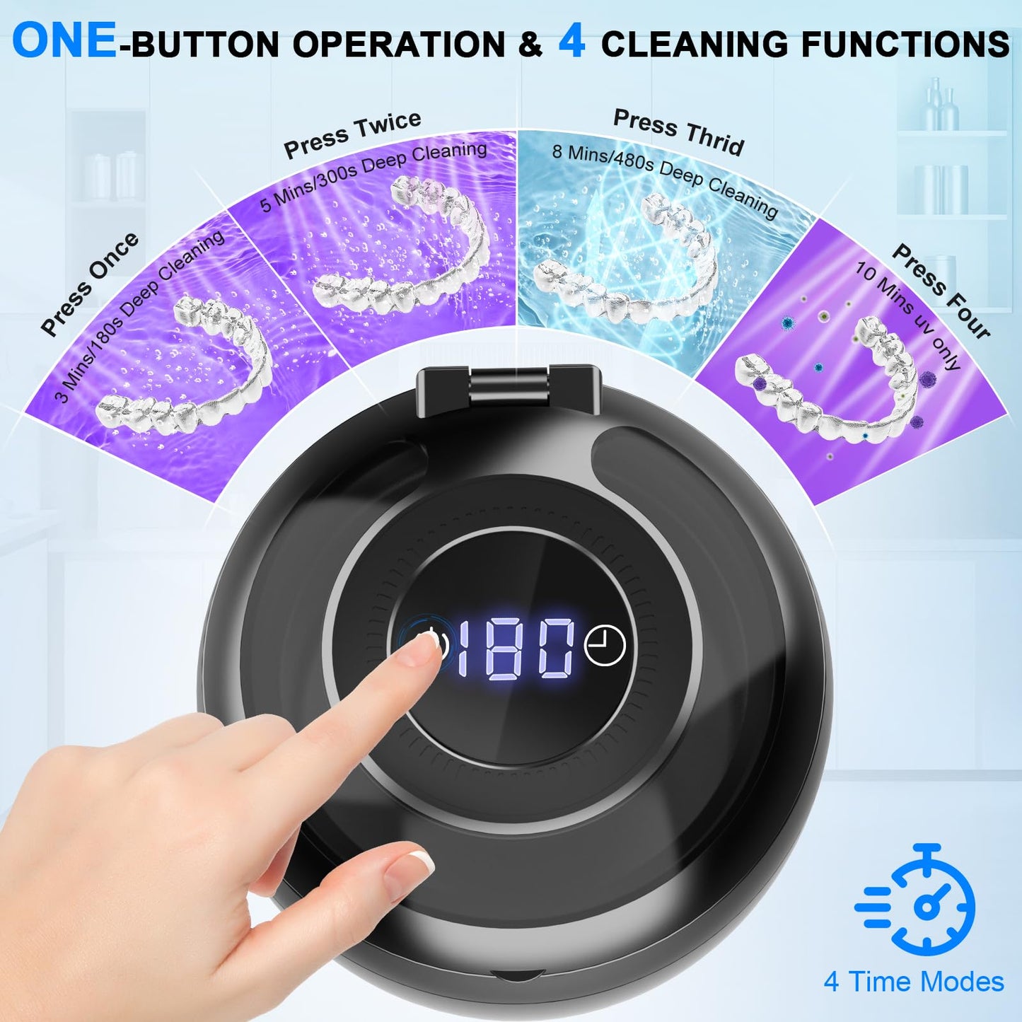 45kHz Ultrasonic Retainer Cleaner Machine, 200ML Denture Cleaner, 4 Modes with Digital Timer Mouth Guard Cleaner, Night Guard Cleaner Dental Cleaning Pod for Aligner, Braces, Jewelry (Dark Black)