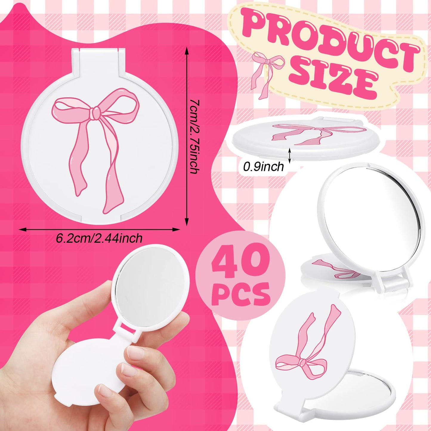 Zhehao 40 Pcs Pink Bow Coquette Mini Pocket Mirrors Compact Gift for Women Teacher Graduation Bowknot Small Mini Round Makeup Mirrors Portable for Purse Women Wedding Birthday Bridal Shower Party Gift