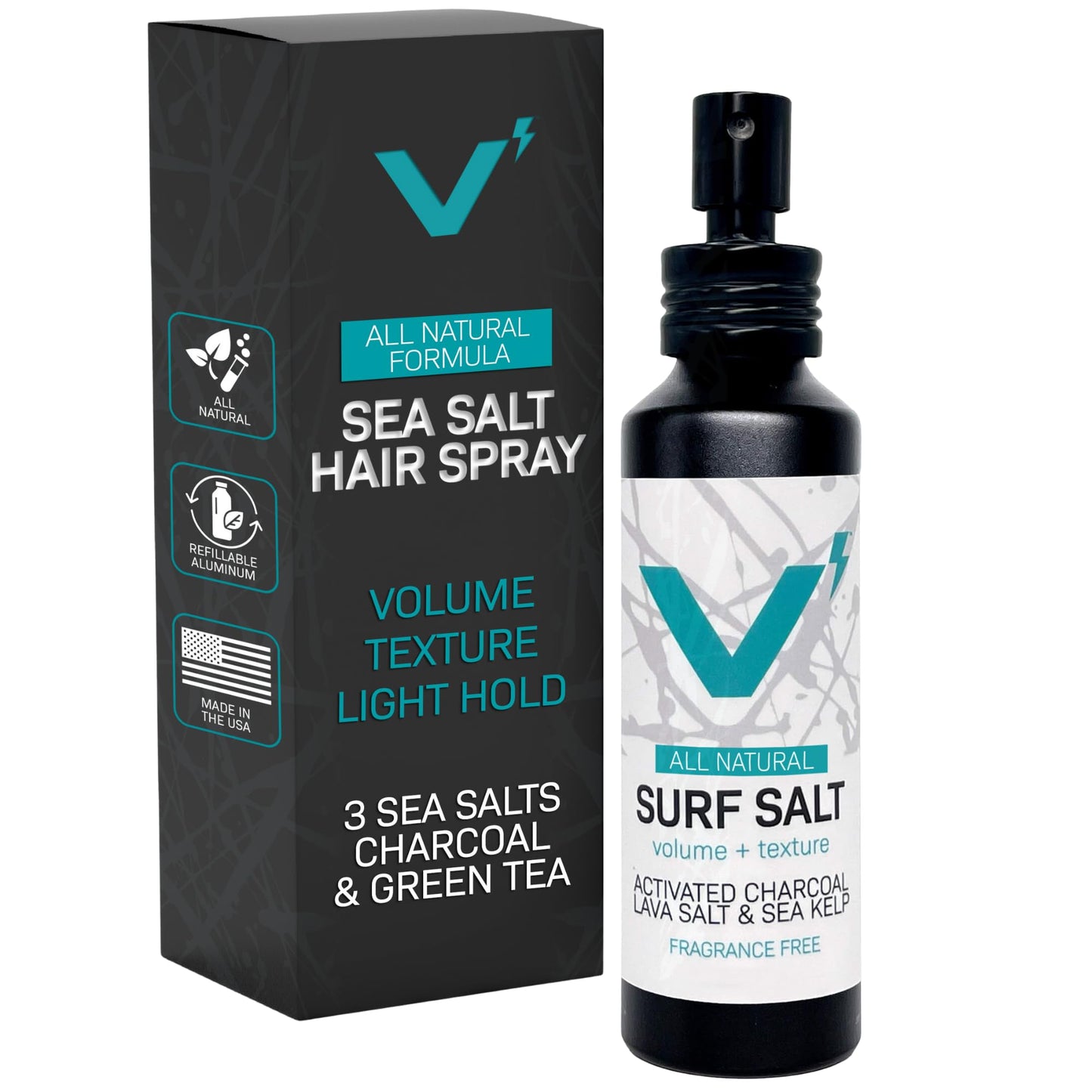 VOLT Surf Sea Salt Spray for Hair & Beard – Natural Volumizing & Texturizing Spray with Activated Charcoal, Sea Kelp & Green Tea – Aerosol-Free, Travel-Size, Aluminum Bottle