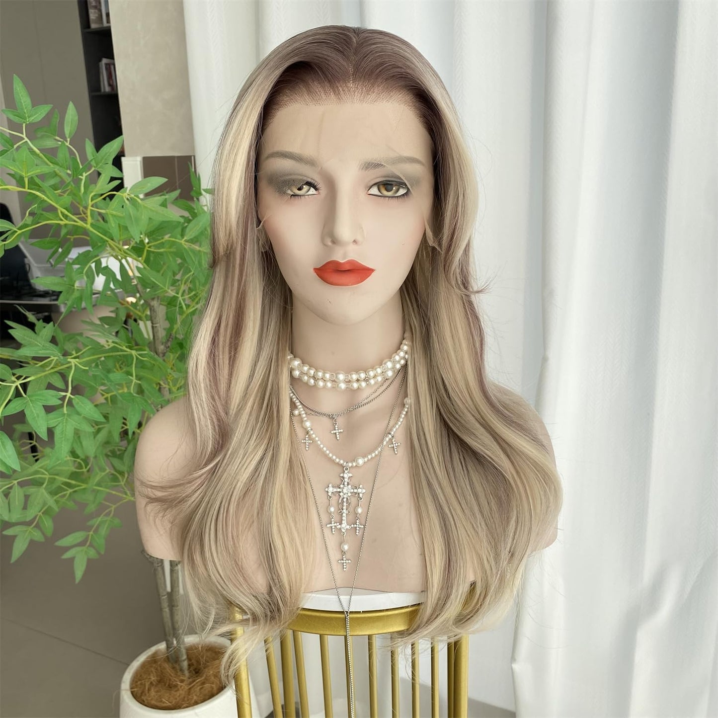 VASTCURY Ash Blonde and Light Brown wigs Highlight with Curtain Bangs 13x4 Lace Front Wig Long Wavy Synthetic Fiber 20Inch Pre Plucked Hairline for Women