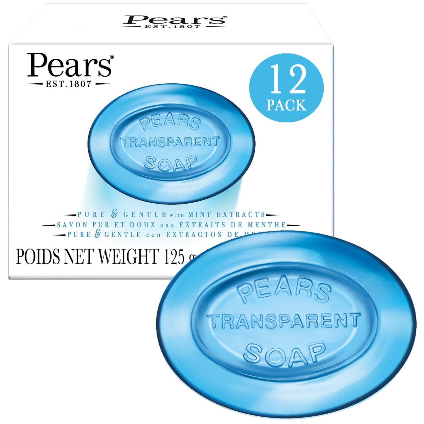 Pears Glycerin Soap - Transparent Blue with Mint Extract | 12-Pack, 4.4 Oz Each for Refreshing Cleanse