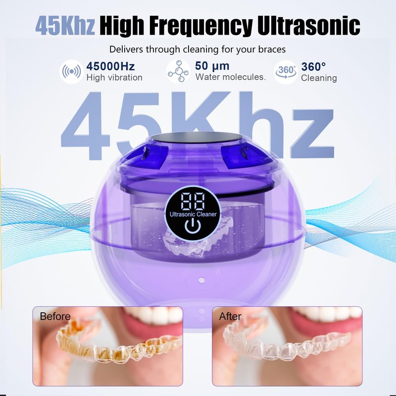 Ultrasonic Retainer Cleaner Machine 45kHz Dental Retainer Cleaner with 3 Modes and Digital Timer Mouth Guard for Retainer Clean, Denture Clean,Braces, Aligner, Jewelry 200ML (Cloud White)