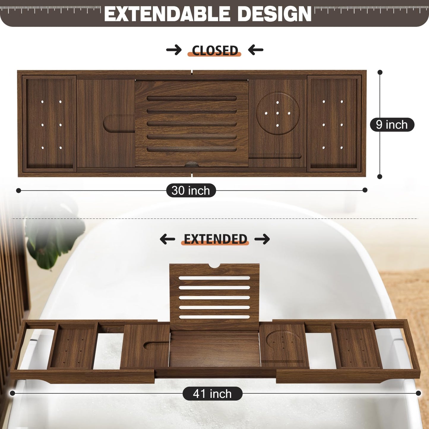 Wooden Bathtub Tray for Luxury Bathroom, Expandable Premium Teak Bath Tray, Adjustable Bath Accessories for Tub, as Unique Housewarming, Holiday, Birthday Gifts
