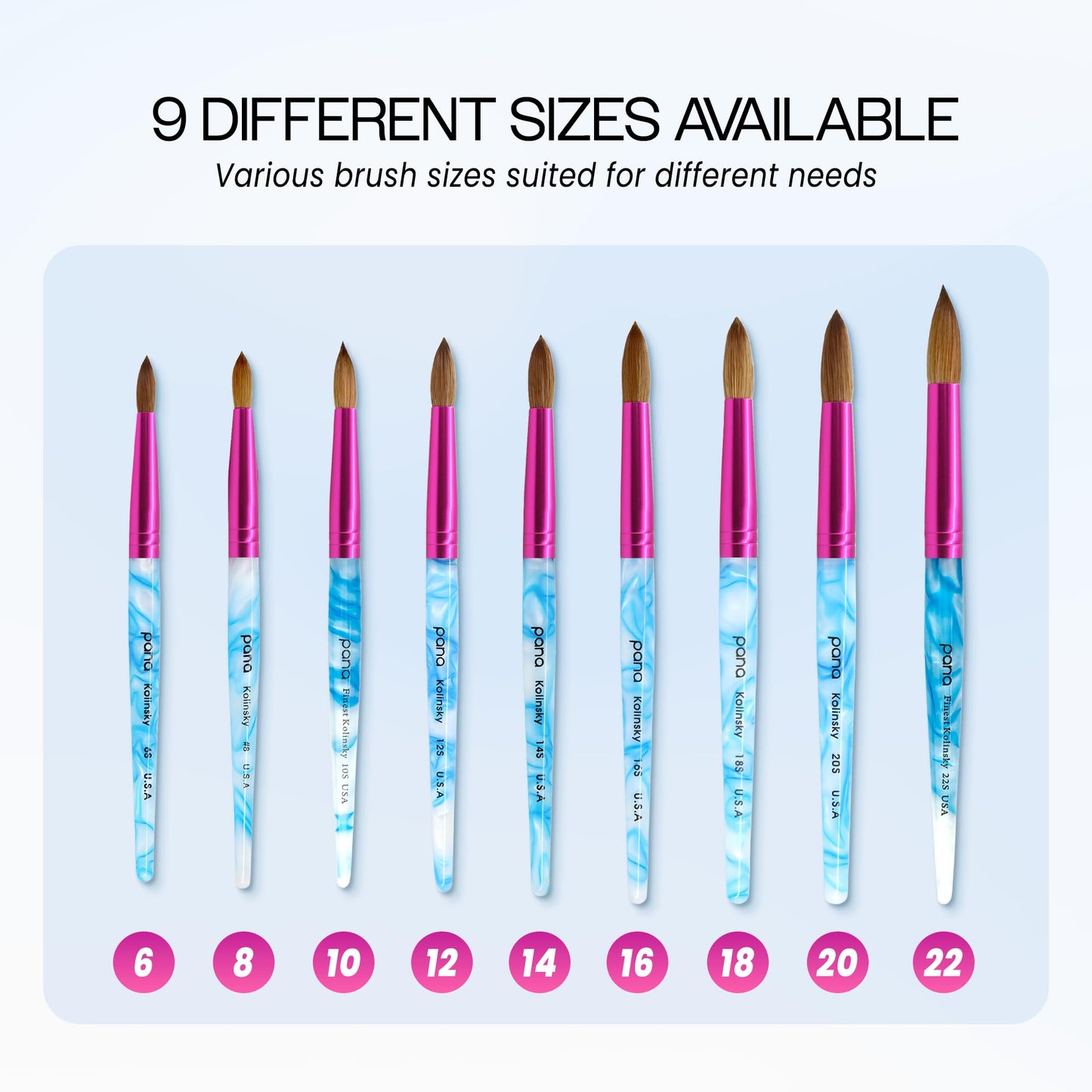 PANA USA Acrylic Nail Brush Pure Kolinsky Hair Acrylic White Swirl Blue Handle with Pink Ferrule Round Shaped - Size 12