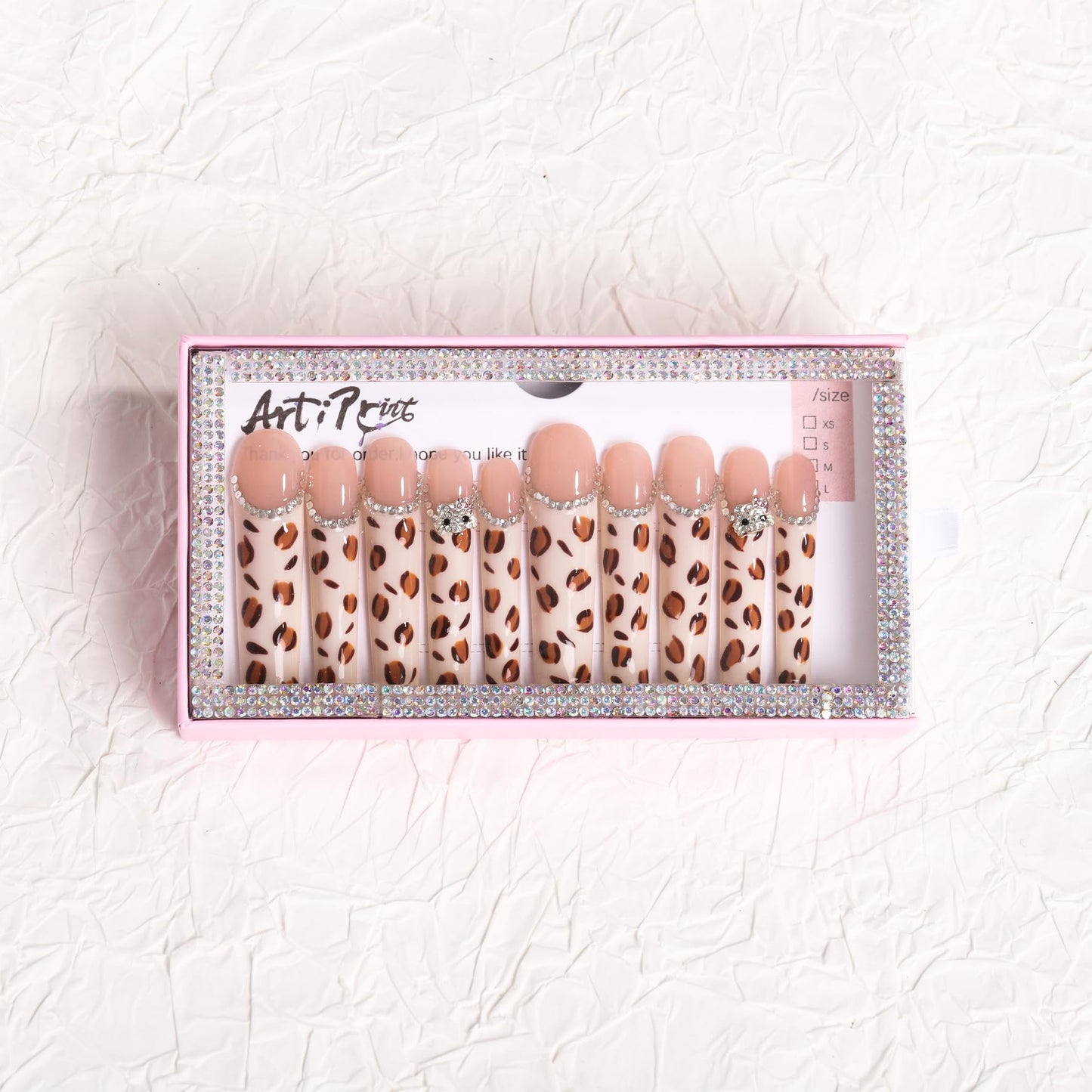 Artiprint Leopard Print Press On Nails with Rhinestone Accents, Long Coffin Shape, Reusable, 10PCS Fake Nails for Manicure, Trendy and Stylish (L072, L)