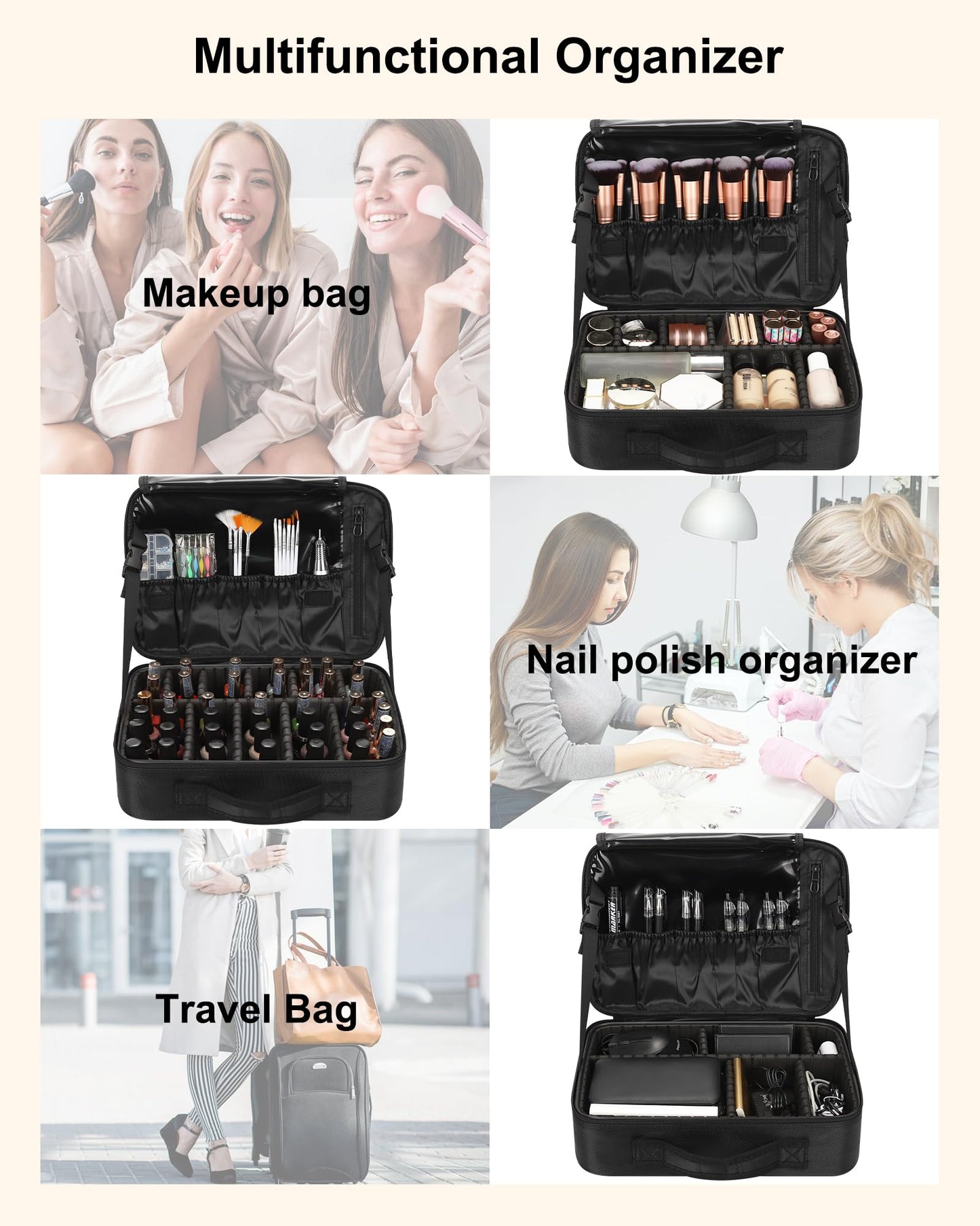 Relavel Makeup Bag Travel Makeup Train Case Large Cosmetic Case Professional Portable Makeup Brush Holder Organizer and Storage with Adjustable Dividers and Shoulder Strap Black
