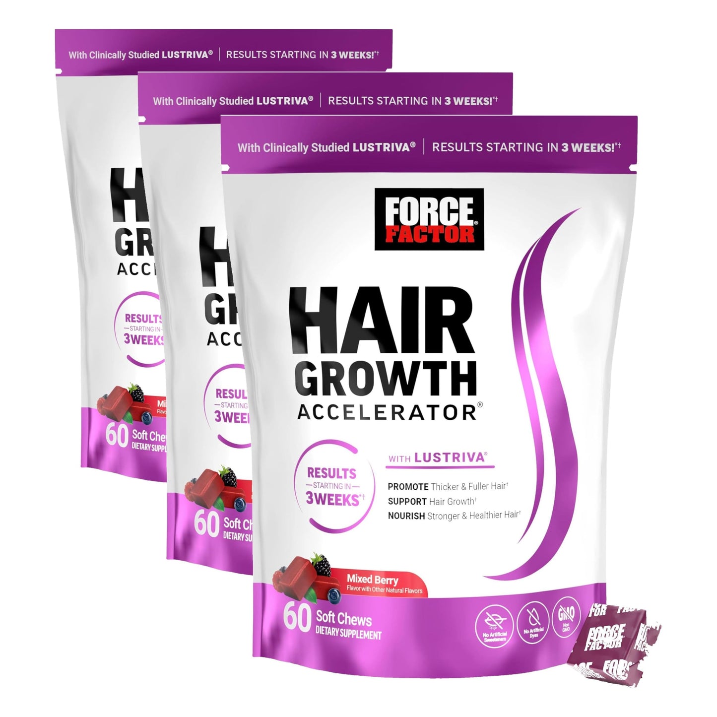 Force Factor Hair Growth Accelerator Soft Chews, Vitamins for Women and Men with Clinically Studied Lustriva and Biotin, Promotes Thicker, Fuller, Stronger Hair, Mixed Berry, 60 Soft Chews (Pack of 3)