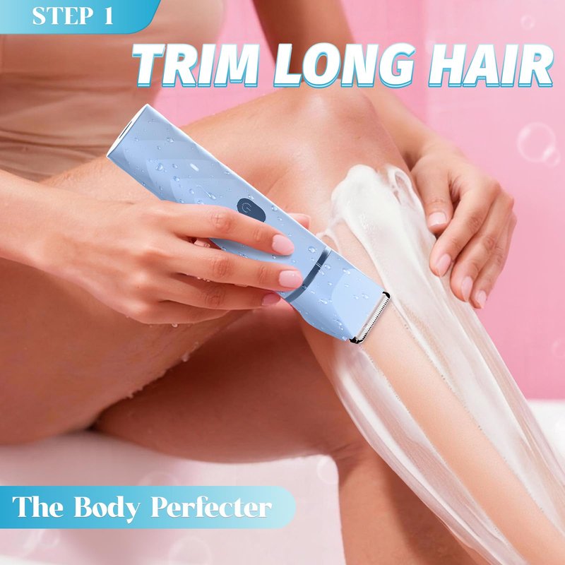 Bikini Trimmer for Women, IPX7 Waterproof, Painless Rechargeable Electric Razor Remover, 2-in-1 Facial & Pubic Hair Removal for Sensitive Skin, Portable Travel Size, Women’s Gift, Blue Blue
