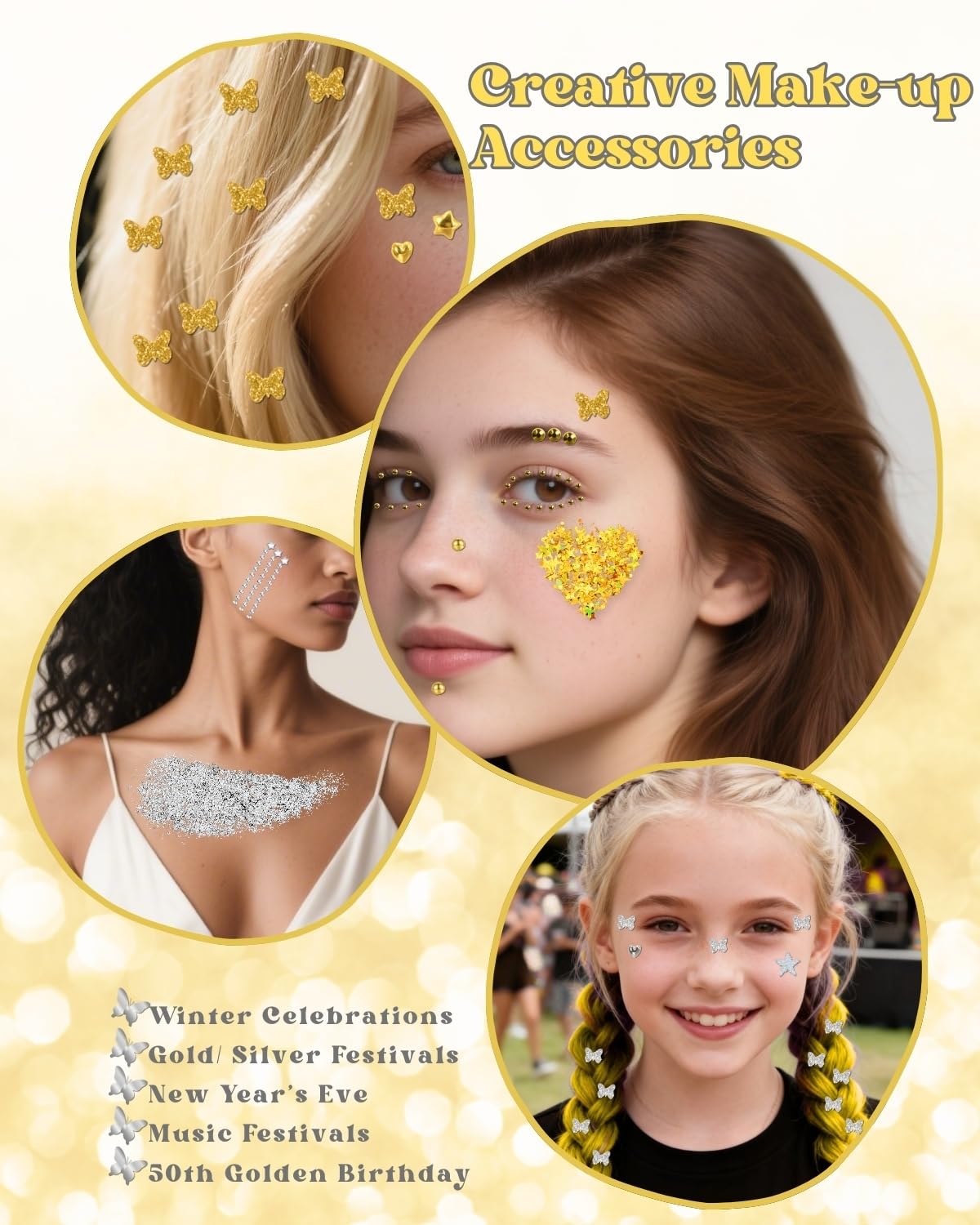 6+4 Gold Silver Face Gems Body Glitter Set: Sparkly Face Hair Glitter Gel & Self Adhesive Butterfly Heart Stars Stickers for Women Disco 50th Birthday Easter Party Makeup Accessories (Gold,Silver)