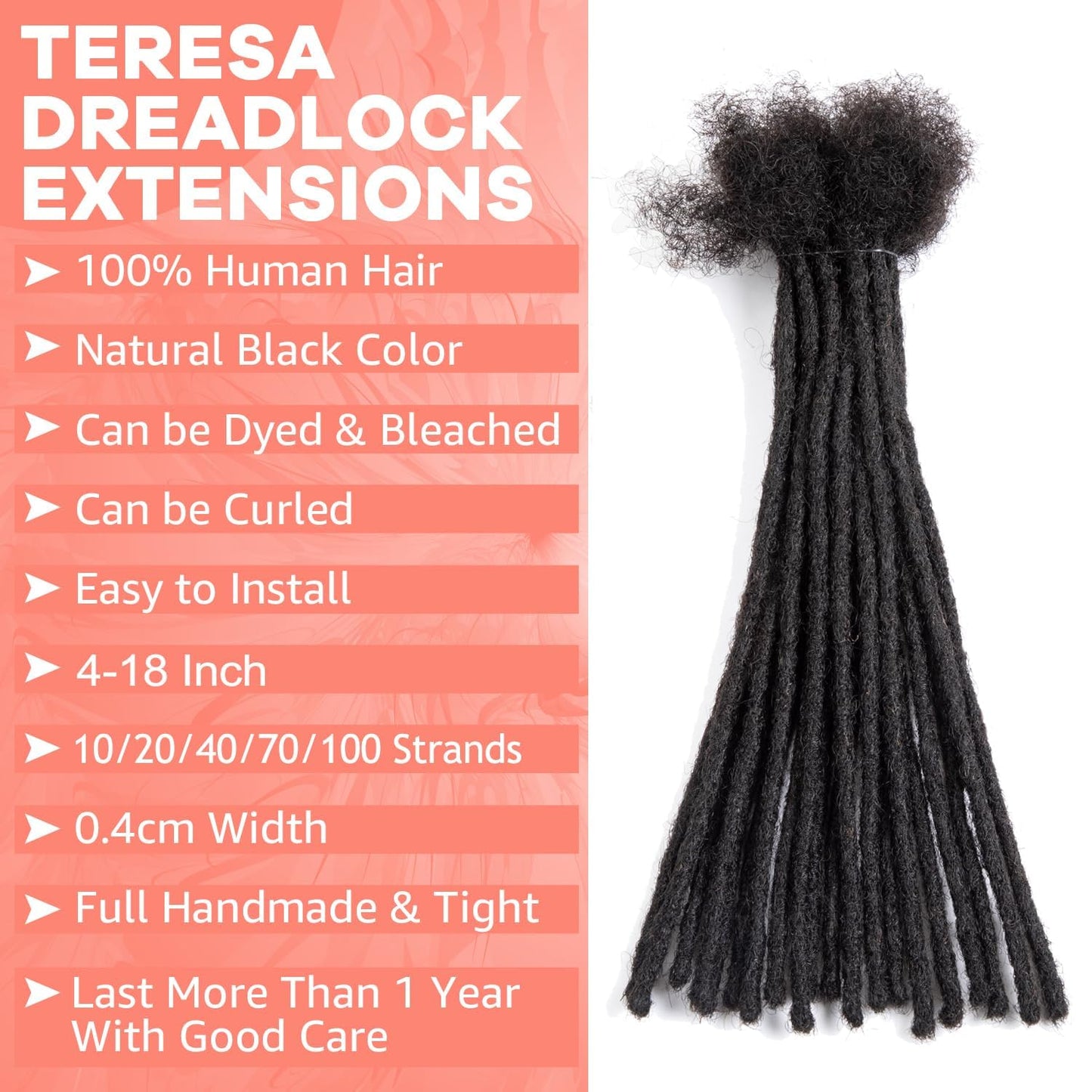 Teresa 0.4cm & 0.8cm Width 100% Human Hair Dreadlock Extensions for Men/Women/Kids, Full Hand-made Locs Extensions Human Hair (8 Inch/20 Strands,Natural Black)