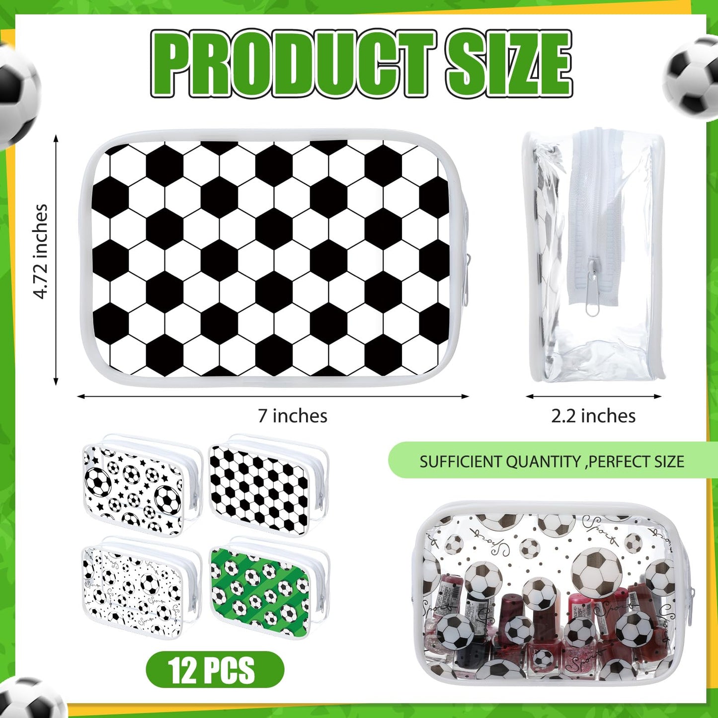 Meanplan 12 Pcs Soccer Theme Cosmetic Bag Clear PVC Makeup Bag Bulk Zippered Travel Toiletry Pouch Gift Accessories for Women Girls Birthday Party Favor Organizer
