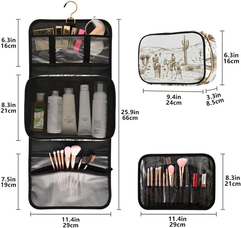 Travel Toiletry Bag Set - Water-Resistant Cosmetic Organizer for Women | 3-Piece Western Desert Cowboys Design