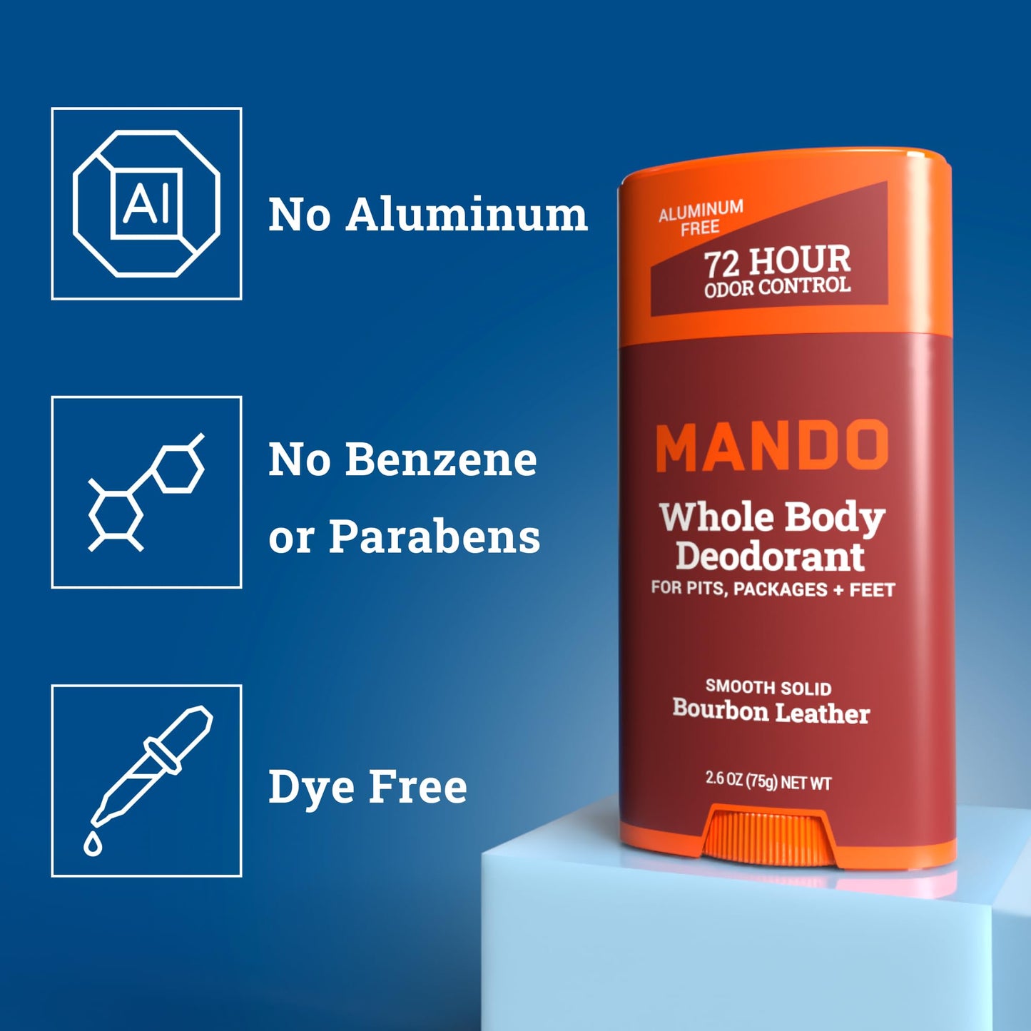 Mando Whole Body Three Piece System - 2.6oz Smooth Solid Stick, 3.6oz Deodorant Spray, 15ct Deodorant Wipes - Aluminum & Baking Soda Free Odor Control - Doctor Developed - 3pc Bundle (Bourbon Leather)