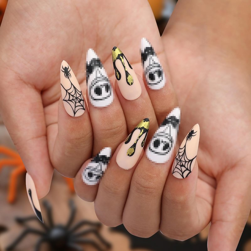 Artquee Halloween Press on Nails 4 Packs 96 Pcs Short Square False Tips with Pumpkin Haunted House Ghost Designs Reusable Fake Stick on Nails Kit for Women - 12 Sizes