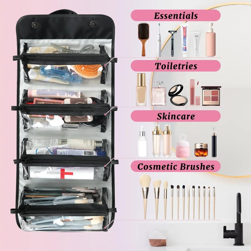 Hanging Roll Up Makeup Bag, Cosmetic Bag for Women, Watercolor Flower Travel Folding Toiletry Bag with 4 Removable Compartments, for Storing Cosmetics, Toiletries, Personal Care Products