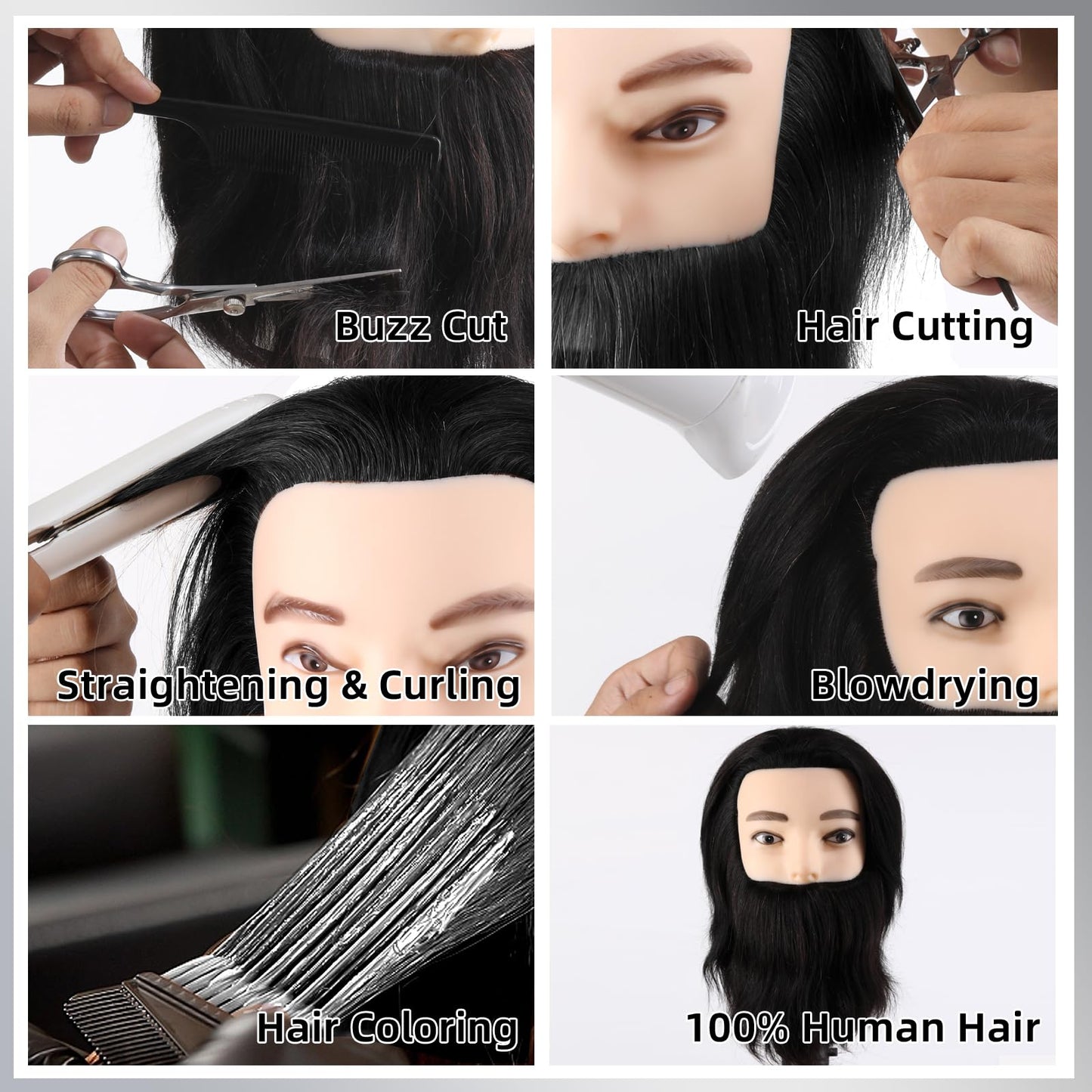 Male Mannequin Head With 100% Human Hair Manikin For Men Barber Mannequin Head Cosmetology Straight Beard Manikin Head With Human Hair Practice Cutting Styling