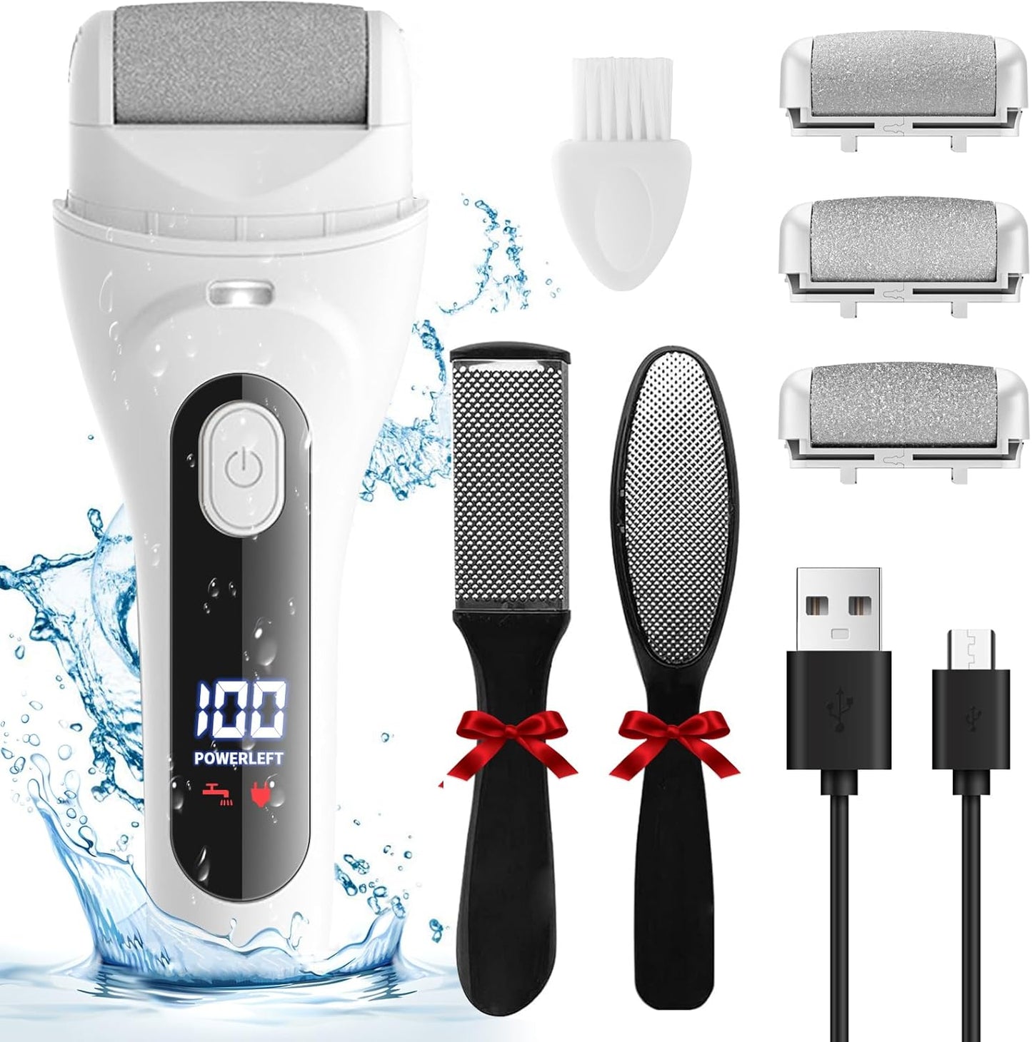 Electric Foot Callus Remover - Rechargeable Waterproof Foot File with LED Light & 3 Rollers | USB-C Charging, White