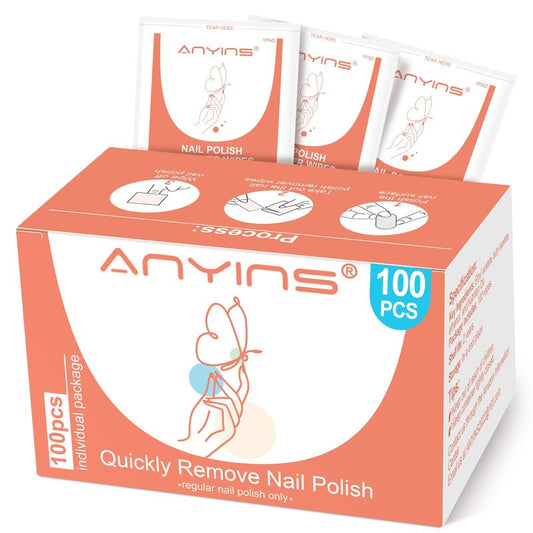 ANYINS Nail Polish Remover Pads，100PCS Nail Polish Remover Wipes Non-Toxic Fast Remove with Nutrition Oil Individually Wrapped Professional Nail Salon and Home & Travel Use