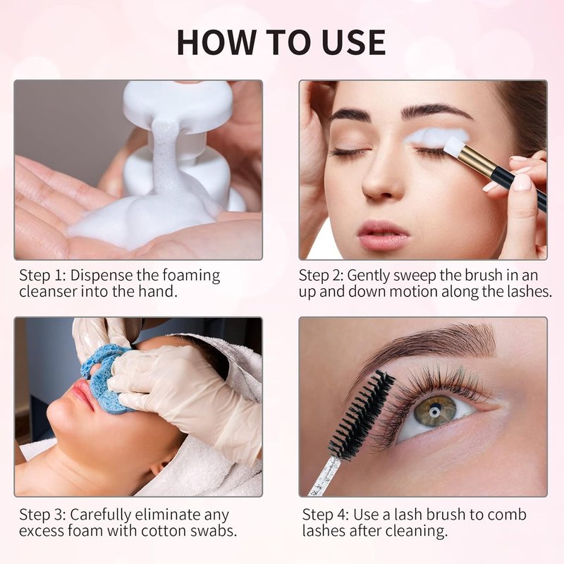 Lash Shampoo Bottle Brushes Set - 100 Pcs with Foam Pump Dispensers, Wands & Labels | Eyelash Extensions Aftercare (Black)