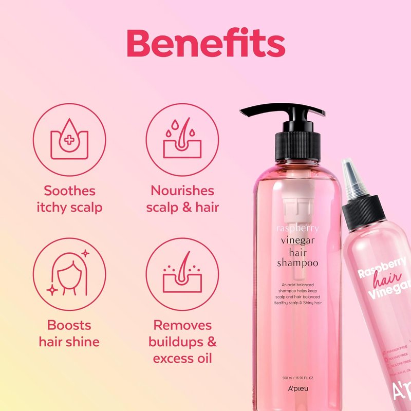 A’PIEU Raspberry Hair Vinegar Shampoo & Rinse Set - Scalp Clarifying, Dandruff Removal | Smooth & Shiny Hair (6.76 fl oz | 16.9 fl oz)