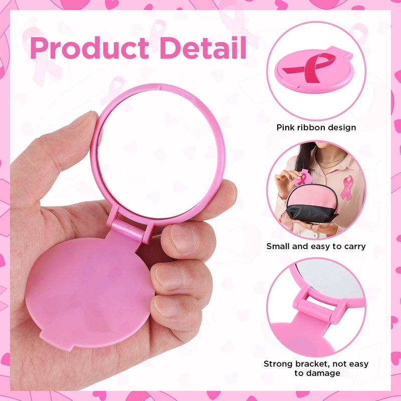 100pcs Breast Cancer Awareness Gifts for Women Pink Ribbon Mini Folding Makeup Mirror Bulk Round Pocket Portable Mirror Breast Cancer Awareness Accessories for Girls Survivor Party Favors Supplies