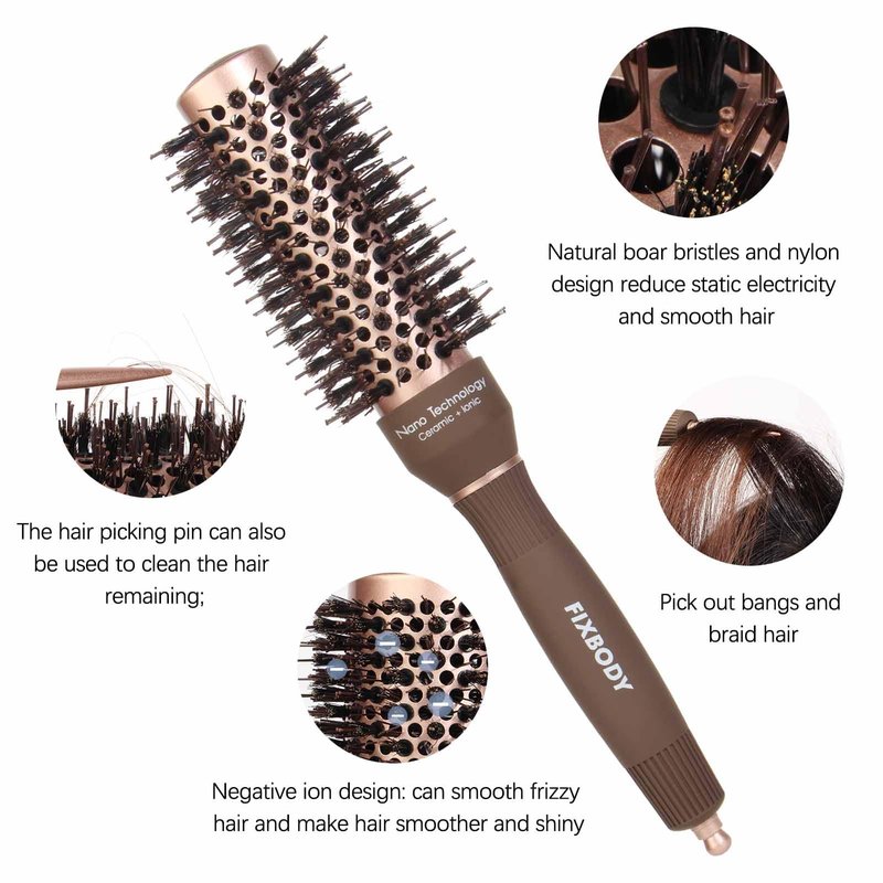 FIXBODY Round Hair Brush with Boar Bristles, Nano Thermal Ceramic, Ionic Tech and Anti-Static, Roller Hairbrush for Blow Drying, Curling, Straightening (2.5 inch, Barrel 1.25 inch)