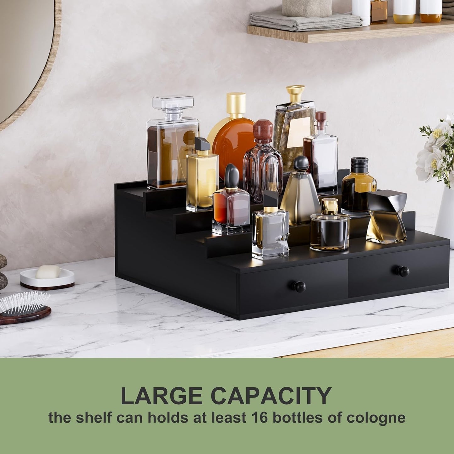 Boulphia 4 Tier Wooden Cologne Organizer with Drawer Storage and Hidden Compartment, Black Perfume Display Stand