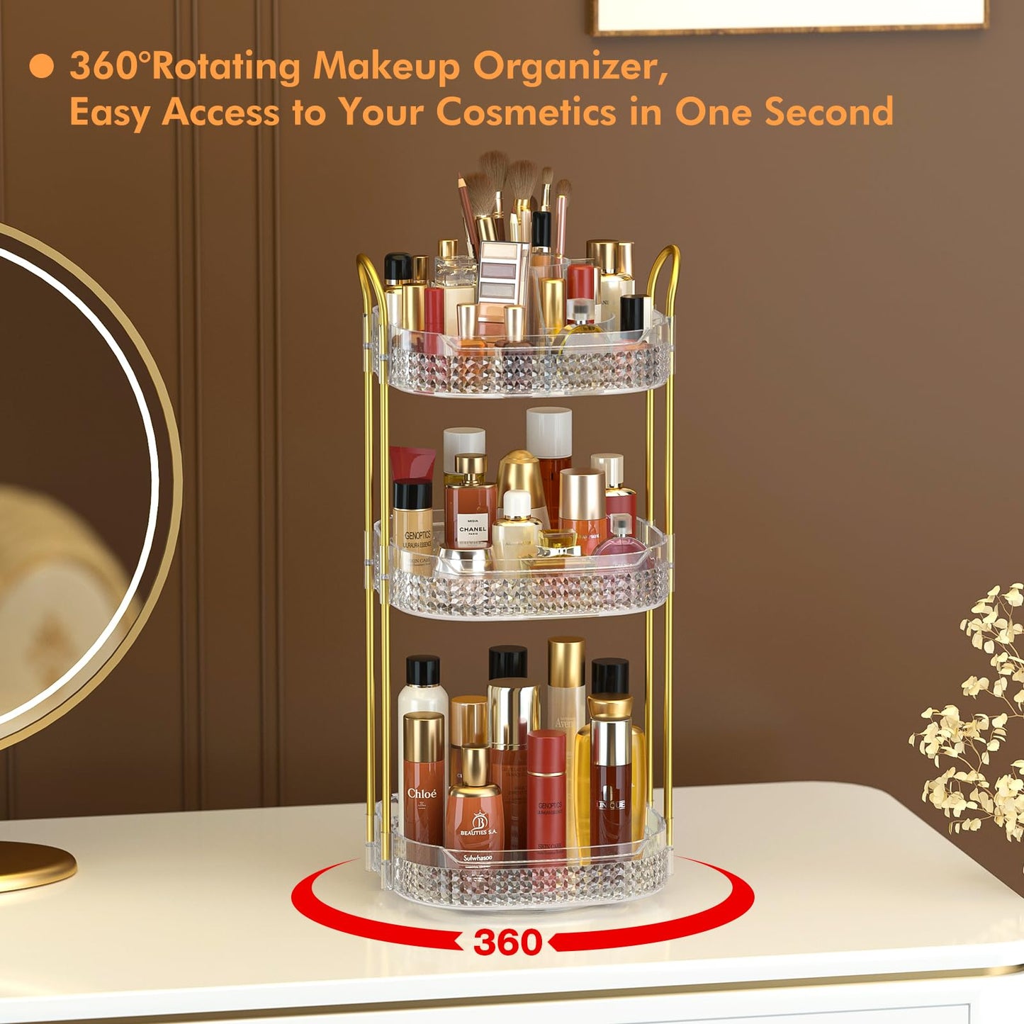 Awenia Rotating Makeup Organizer 360, Stackable Adjustable Large Capacity Cosmetic Storage Unit,Dresser Bathroom Kitchen Countertop Organizer with Metal Handle, Plus Size (Gem Green, 3 Tier)
