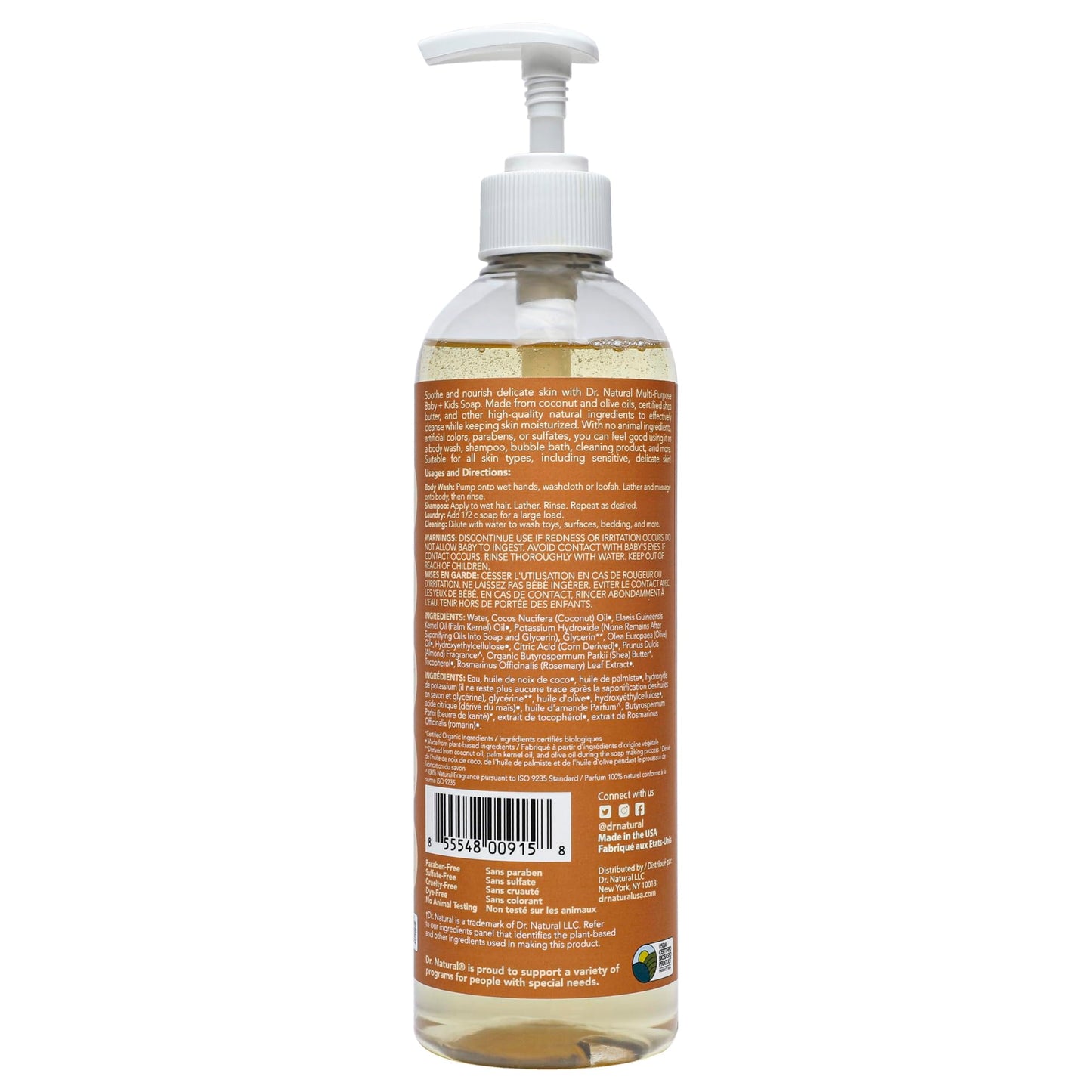 Dr. Natural Multi-Purpose Baby Plus Kids Soap - Body Wash and Shampoo - Gentle Soap with Shea Butter - Newborn Safe - Almond - 16 oz (Pack of 2)