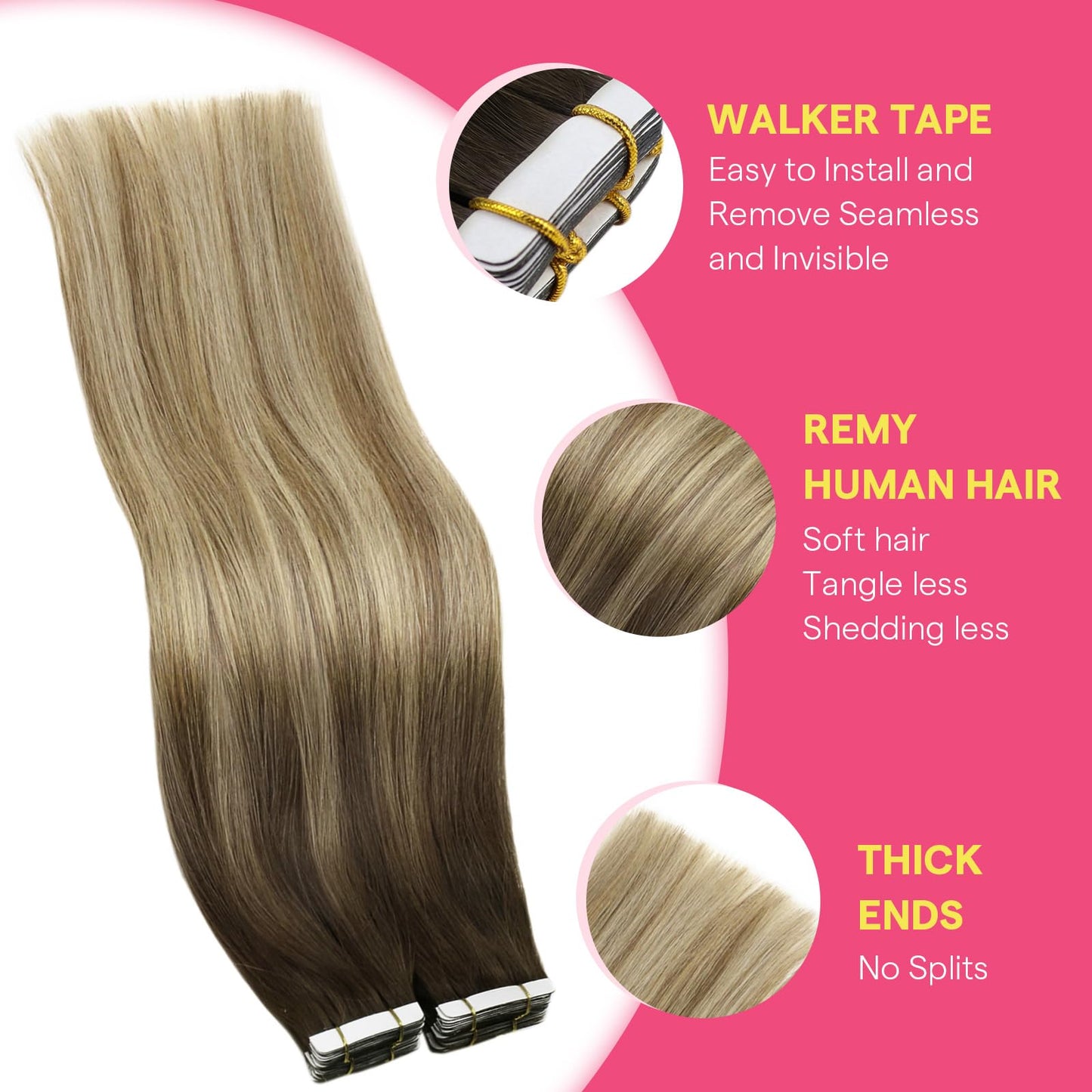 VeSunny Balayage Hair Extension Tape Ins 16inch 50grams Double Sided White Tapes Hair Extensions Color Brown #4 Fading To #16 Dark Golden Blonde Mixed With #60 Platinum Blonde 20pcs 50Gram