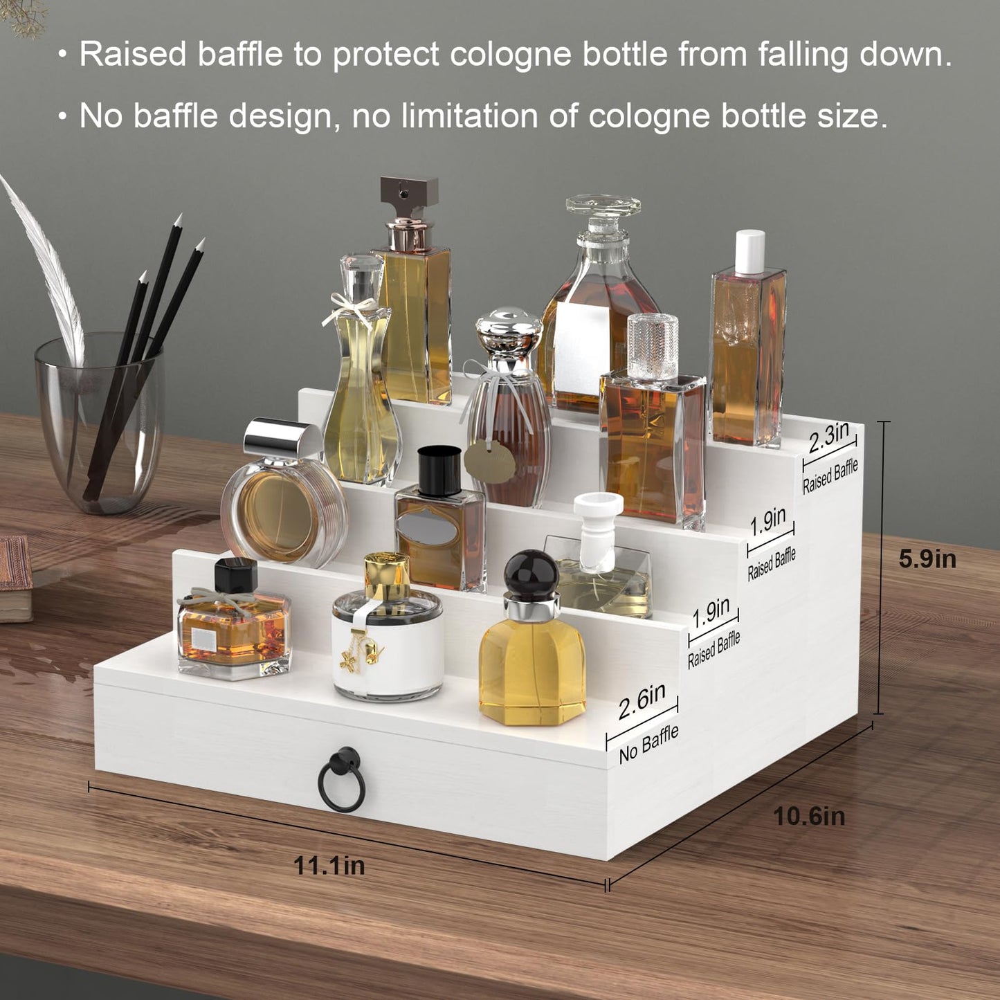 upcessory Cologne Organizer for Men, 4 Tier White Wood Perfume Organizer with Felt Lining Drawer and Hidden Compartment, Perfume Display Holder, A Gift for Men